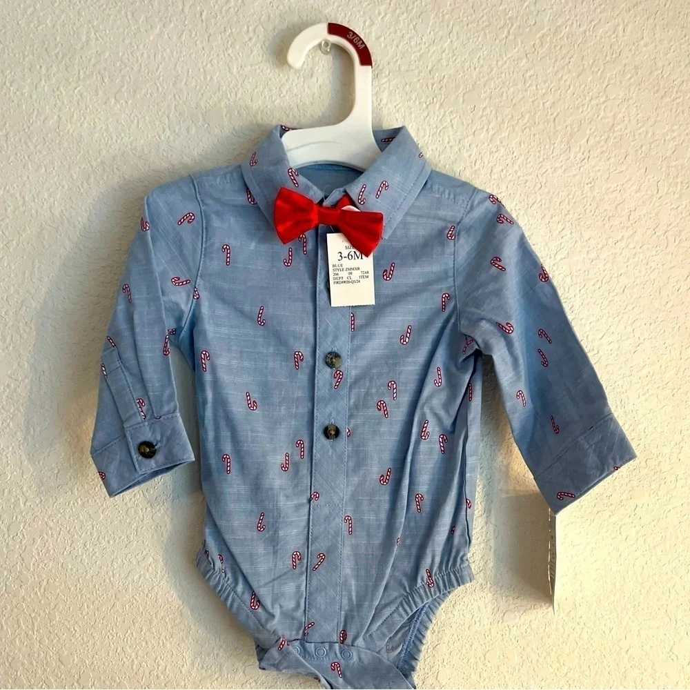 Cat and Jack Baby Blue Button-Up Onesie with Red Bow Tie -candy cane print 3/6M